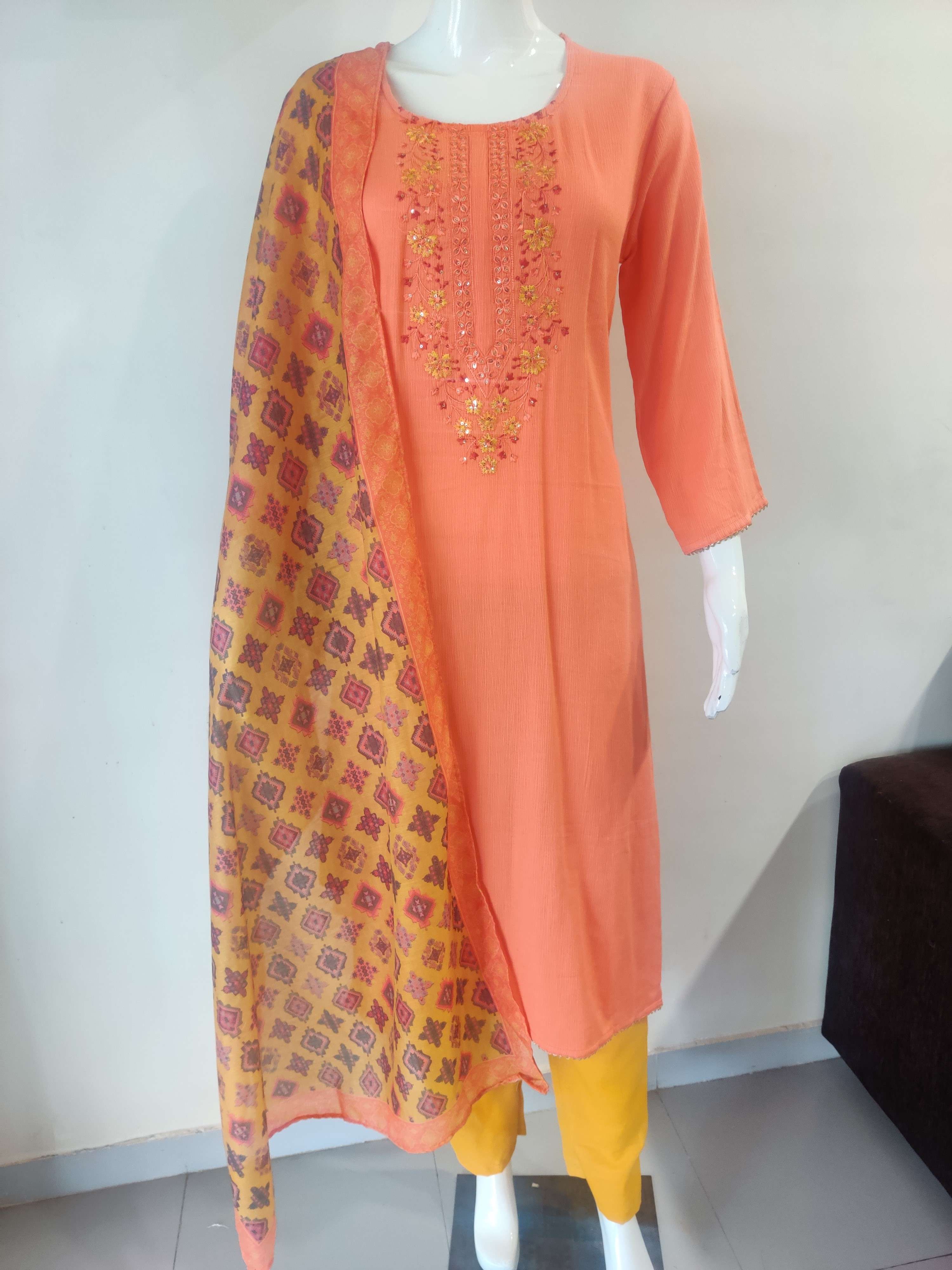 Kaya Orange Vol 6 Reyon Neck Work Kurtis Catalog Wholesale Supplier