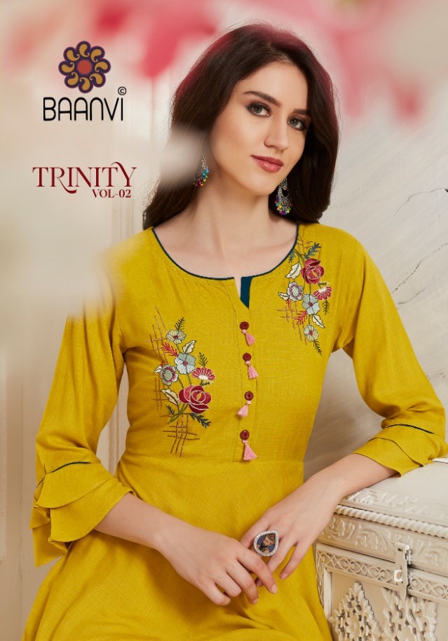 Baanvi Present Trinity Vol 2 Rayon With Embroidery Work Long Kurti Supplier