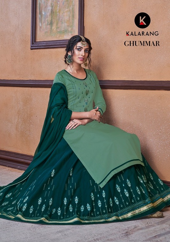 Kalarang Ghummar Silk Cotton Embroidery Work Lehanga Style Dress Collection