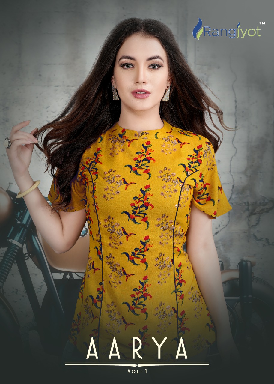 Rang Jyot Aarya Vol 1 Rayon Exclusive Print Simple Wear Short Top Collection