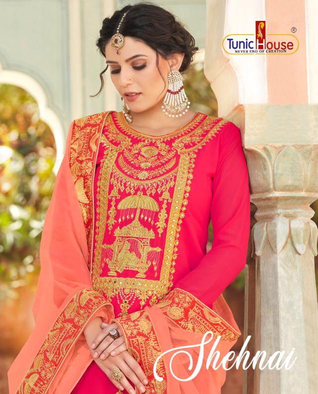 Tunic House Presenting Shehnai Satin Georgette Sarara Style Party Wear Suit