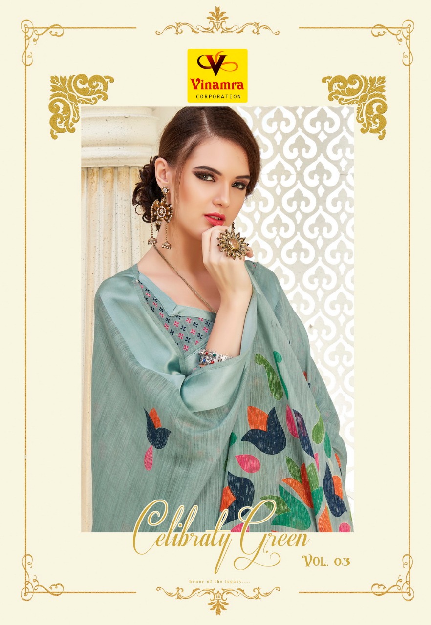 Vinamra Celibraty Green Vol 3 Cotton Satin Casual Wear Saree Wholesale Rate