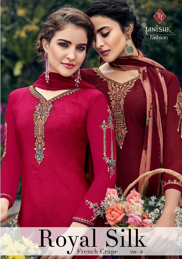 Tanishk Fashion Royal Silk Vol 8 Pure French Print Crape Work Salwar Suit Collection