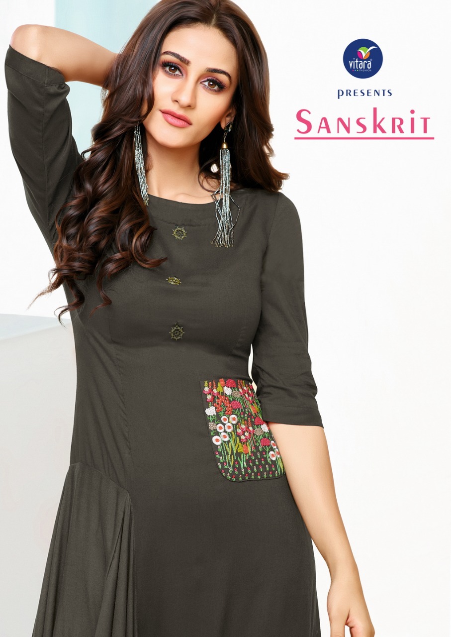 Vitara Fashion Launch Sanskrit Rayon With Work Long Stylish Kurti Trader