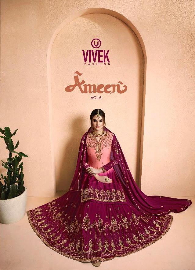 AMEEN VOL-2 BY VIVEK CREATION 7001 TO 7008 SERIES BEAUTIFUL SUITS STYLISH  FANCY COLORFUL CASUAL WEAR & ETHNIC WEAR COLLECTION SATIN GEORGETTE  EMBROIDERED DRESSES AT WHOLESALE PRICE