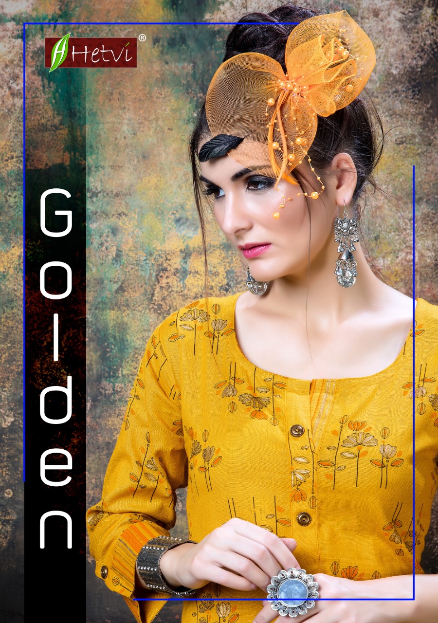 Hetvi Launch Golden Cotton Print Formal Wear Kurti With Pant Collection