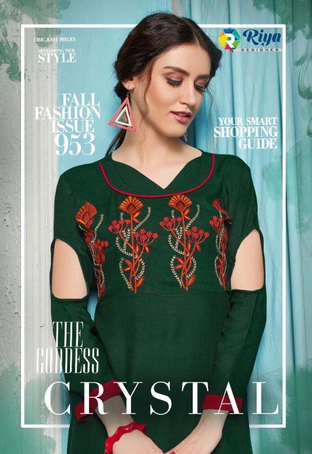 Riya Designer Crystal Rayon Dyed Embroidery Long Kurti Collection