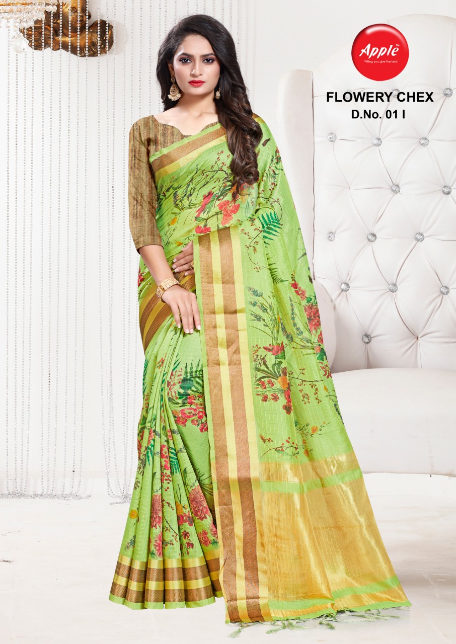 Apple Flowery Chex Cotton Digital Printed Designer Saree Wholesaler