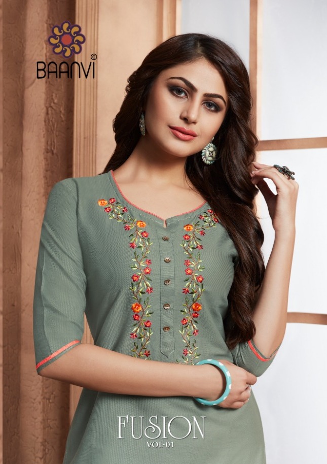 Baanvi Present Fusion Cotton Embroidery Long Straight Kurti Wholesaler