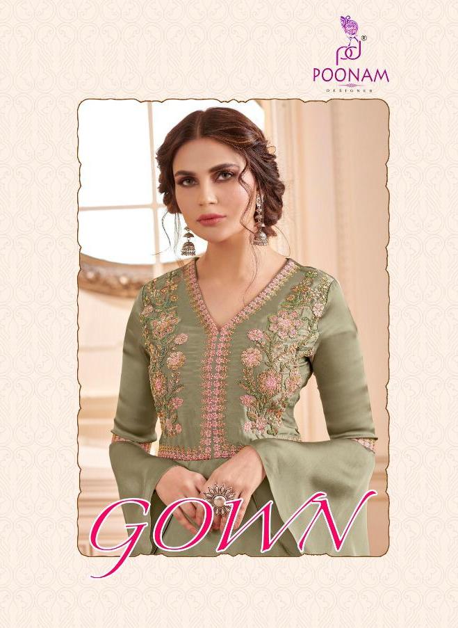 Poonam Designer Present Gown Pure Satin Georgette Embroidery Long Gown With Dupatta