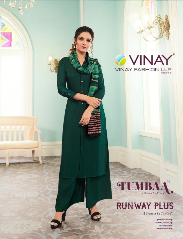 Tumbaa Runway Plus By Vinay Soft Silk Kurti With Designer Plazzo And Stole Wholesale