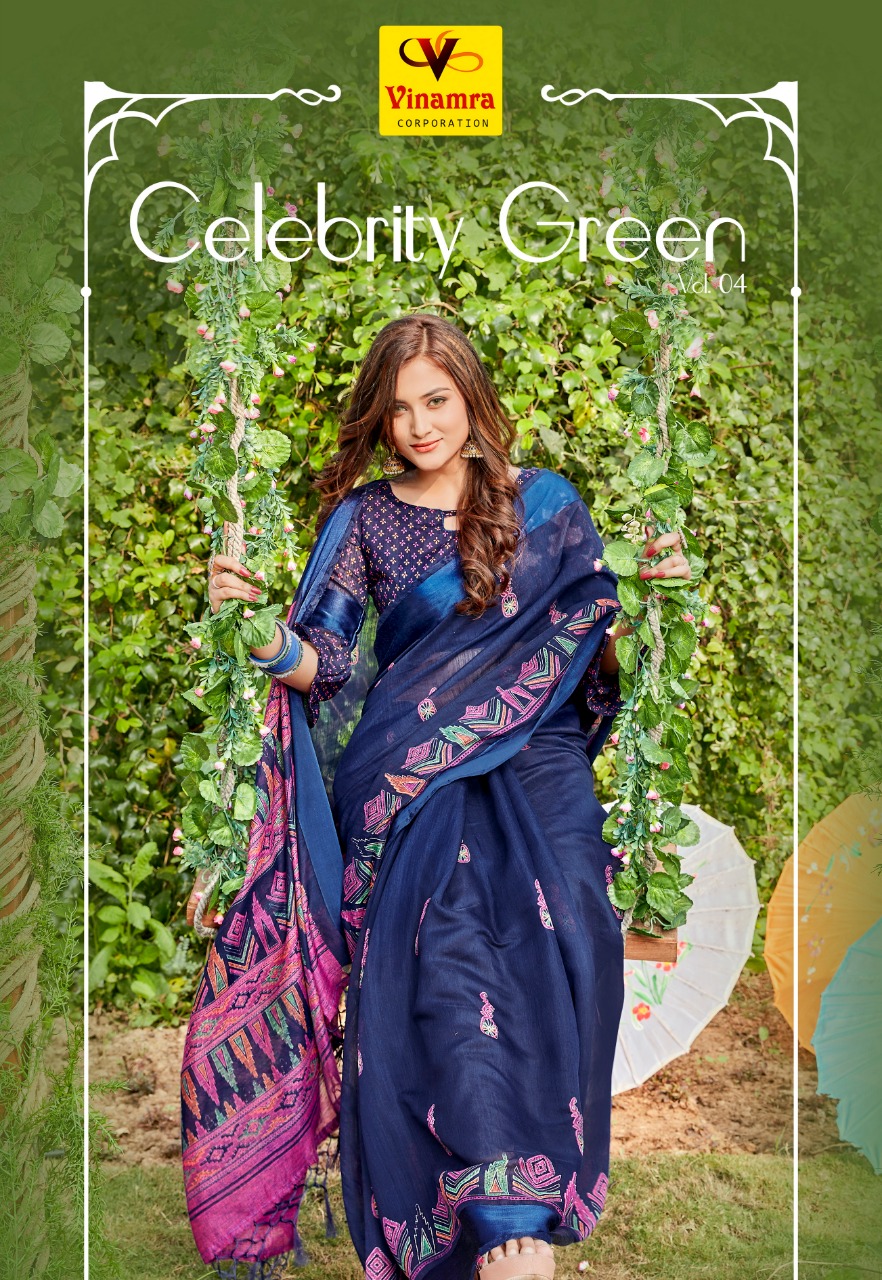 Vinamra Launch Celebrity Green Vol 4 Cotton Satin Casual Wear Saree Exporter