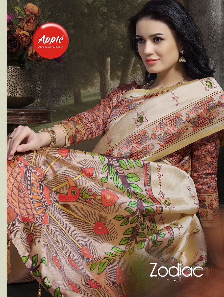 Apple Present Zodiac Soft Silk Digital Print With Embroidery Saree