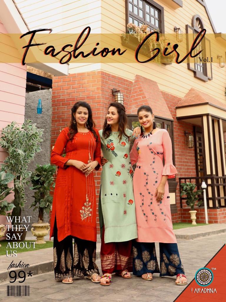 Aradhna Fashion Girl Vol 1 Rayon Embroidery Designer Kurti With Palazzo