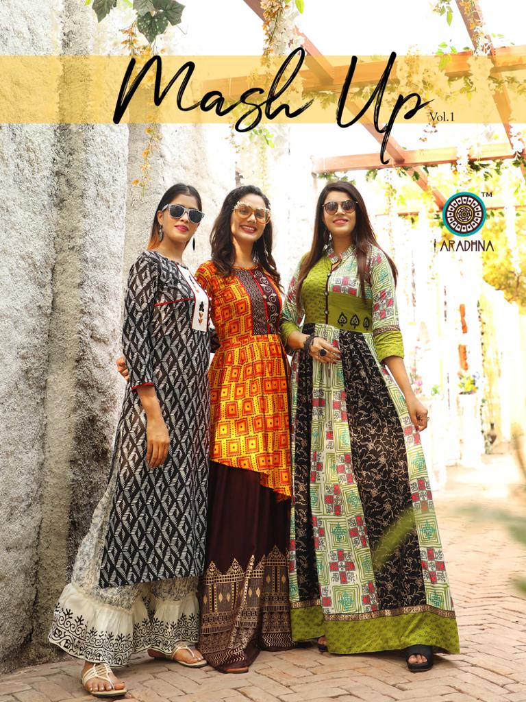 Aradhna Present Mashup Rayon Kurti Palazzo Sharara Gown Collection