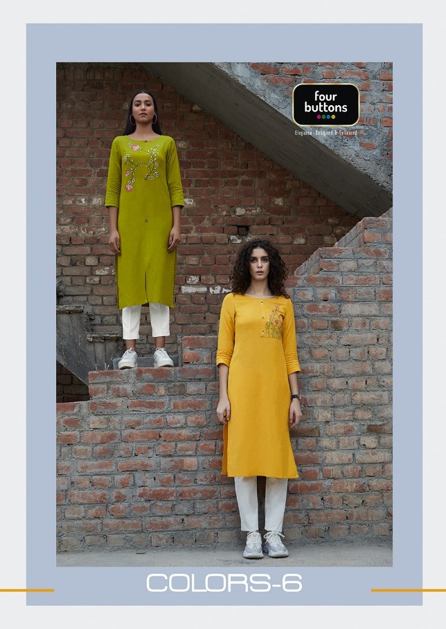 Four Buttons Colors Vol 6 Viscose Flex On Embroidery Kurti Wholesaler