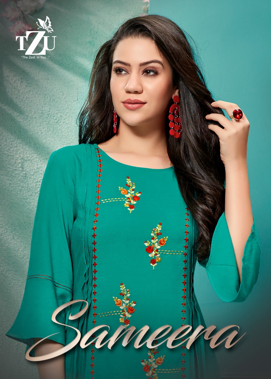 Tzu Sameera Rayon Embroidery Long Top With Sharara Collection