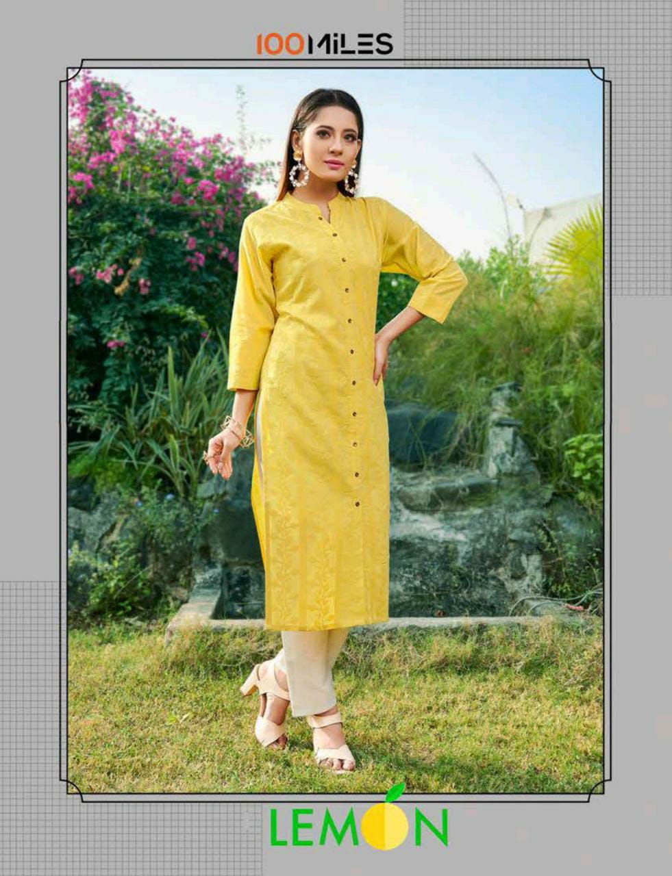 100 Miles Lemon Cotton Work Fancy Kurtis