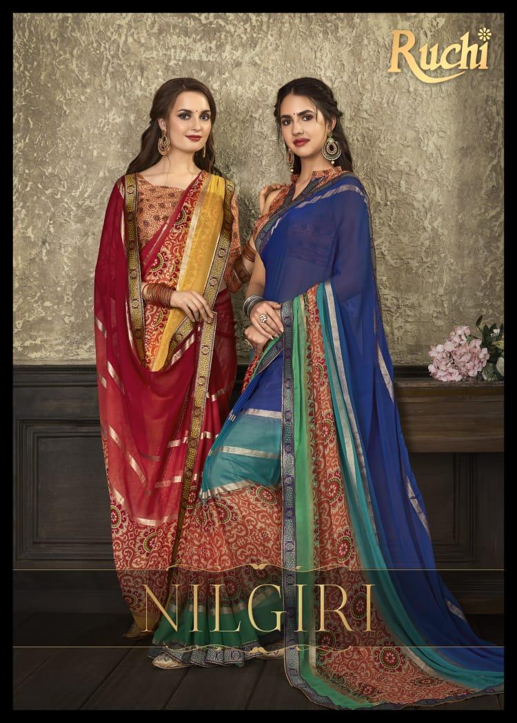 Ruchi Present Nilgiri Silk Chiffon Printed Fancy Saree Wholesaler