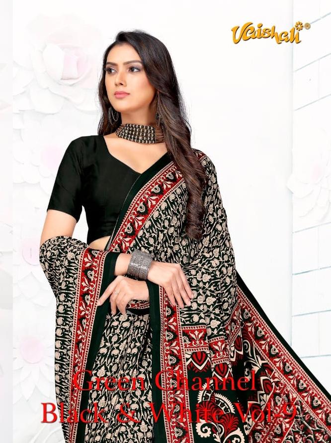 Vaishali Green Channel Vol 9 Black And White Crape Printed Saree