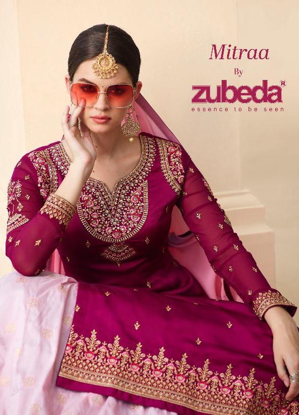 Zubeda Present Mitraa Satin Georgette With Banarasi Jacquard Lehanga Style Salwar Suit