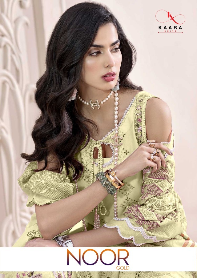 Kaara Suits Noor Gold Cotton Embroidery Pakistani Dress Materials