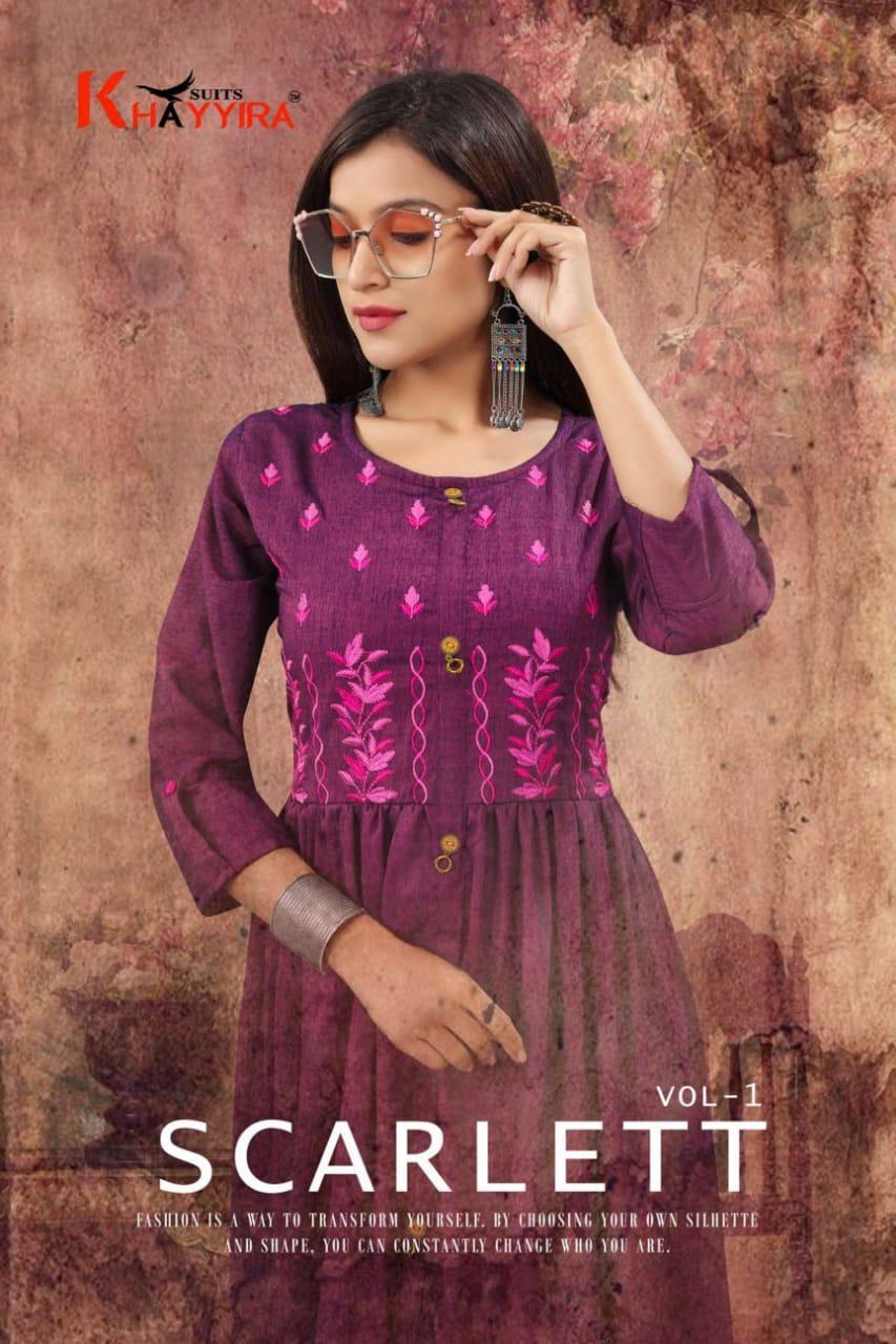 Khayyira Scarlett Rayon Flair With Work Kurti Online Supplier