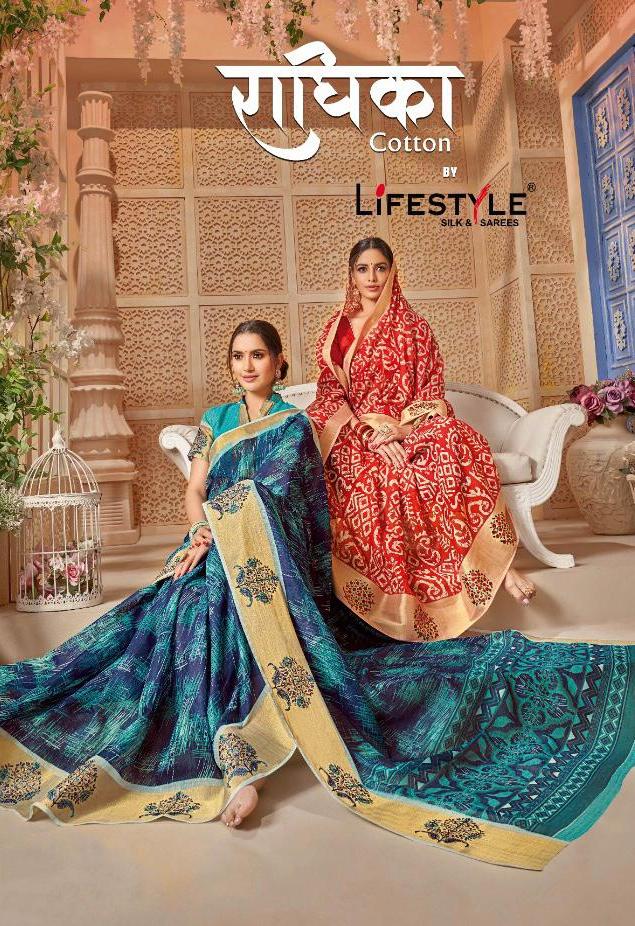 Lifestyle Radhika Cotton Print Jari Patta Work Saree Concept