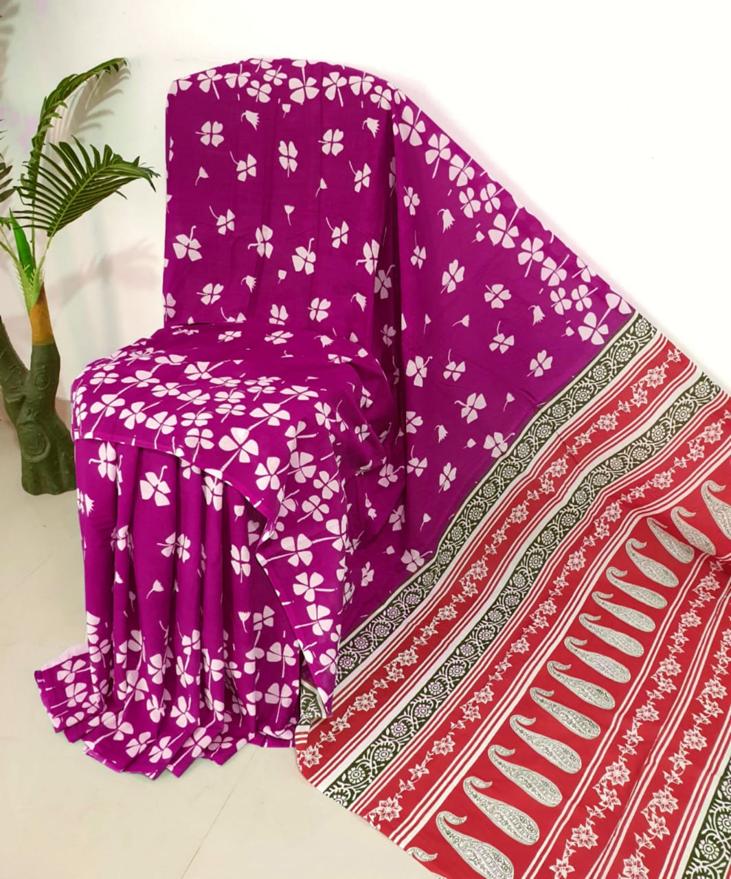 Hand Block Printed Pure Cotton Mul Saris With Blouse Pc Buy Online At Best Rates