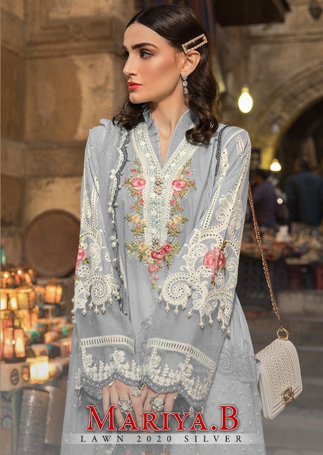 Kaara Suits Maria B Lawn 2020 Silver Cotton Pakistani Dress Materials