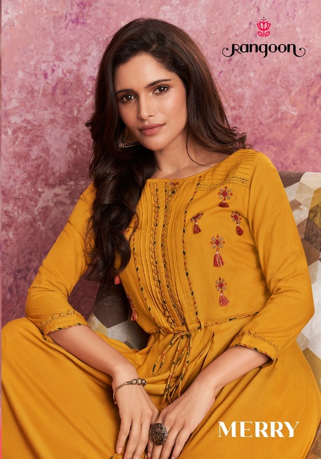 Rangoon Launch Merry Rayon Embroidery Fancy Long Kurti With Palazzo