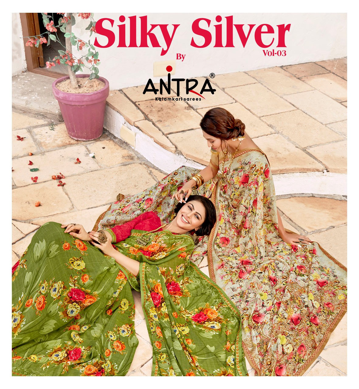 Antra Silky Silver Vol 3 Fancy Silk Flower Print With Lace Saree Catalogs Collection