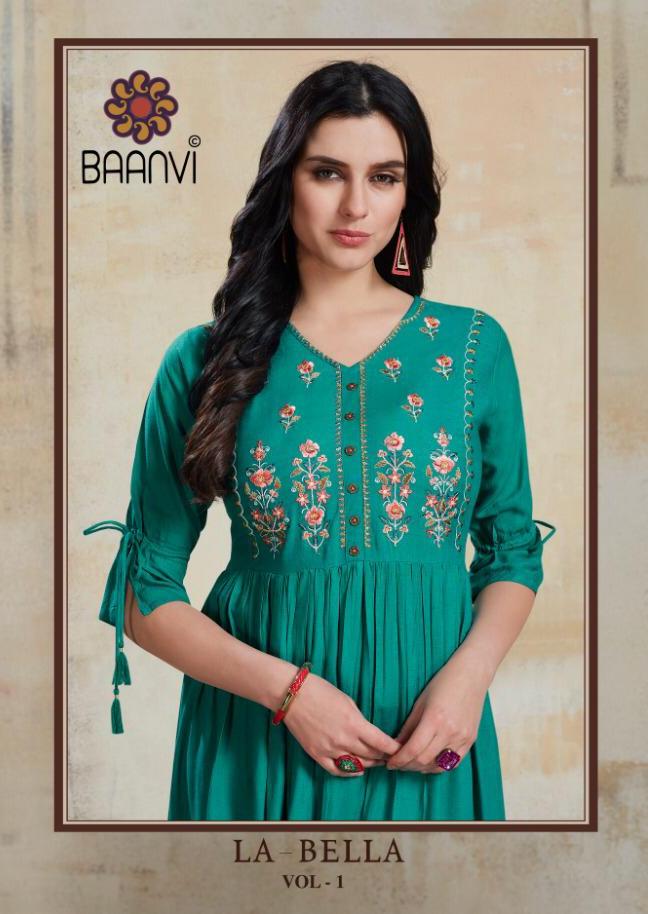 La Bella By Baanvi Rayon Slub Embroidery Long Kurtis