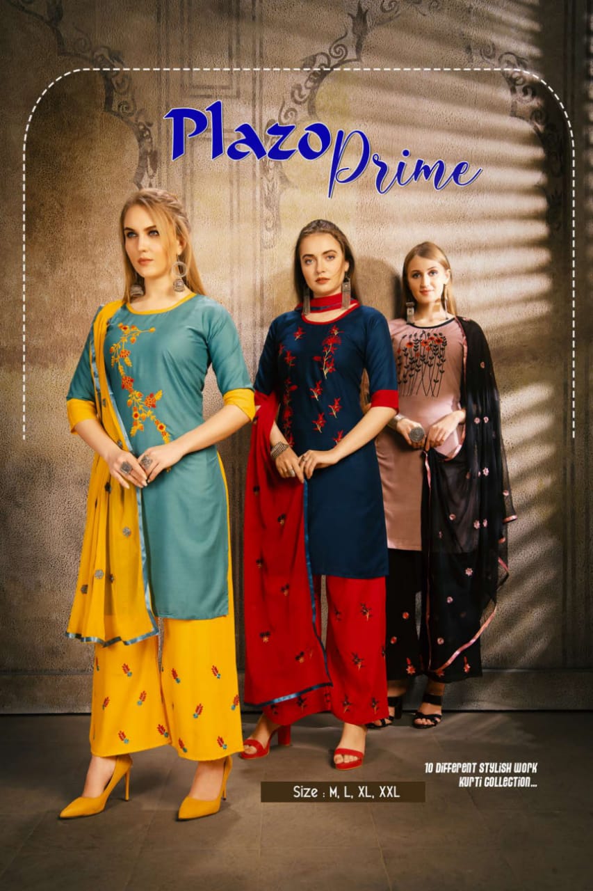 Plazzo Prime Rayon Embroidery Readymade Kurti With Plazzo And Dupatta Trader