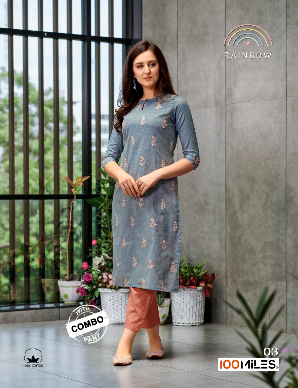 100 Miles Launch Rainbow Cotton Embroidery Kurti With Combo Bottom Exporter