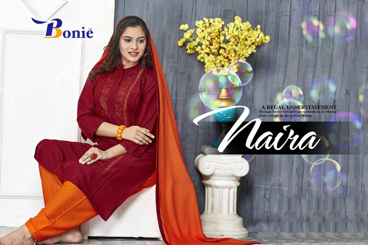 Bonie Present Naira Rayon Charming Look Readymade Kurti With Patiyala And Dupatta Collection