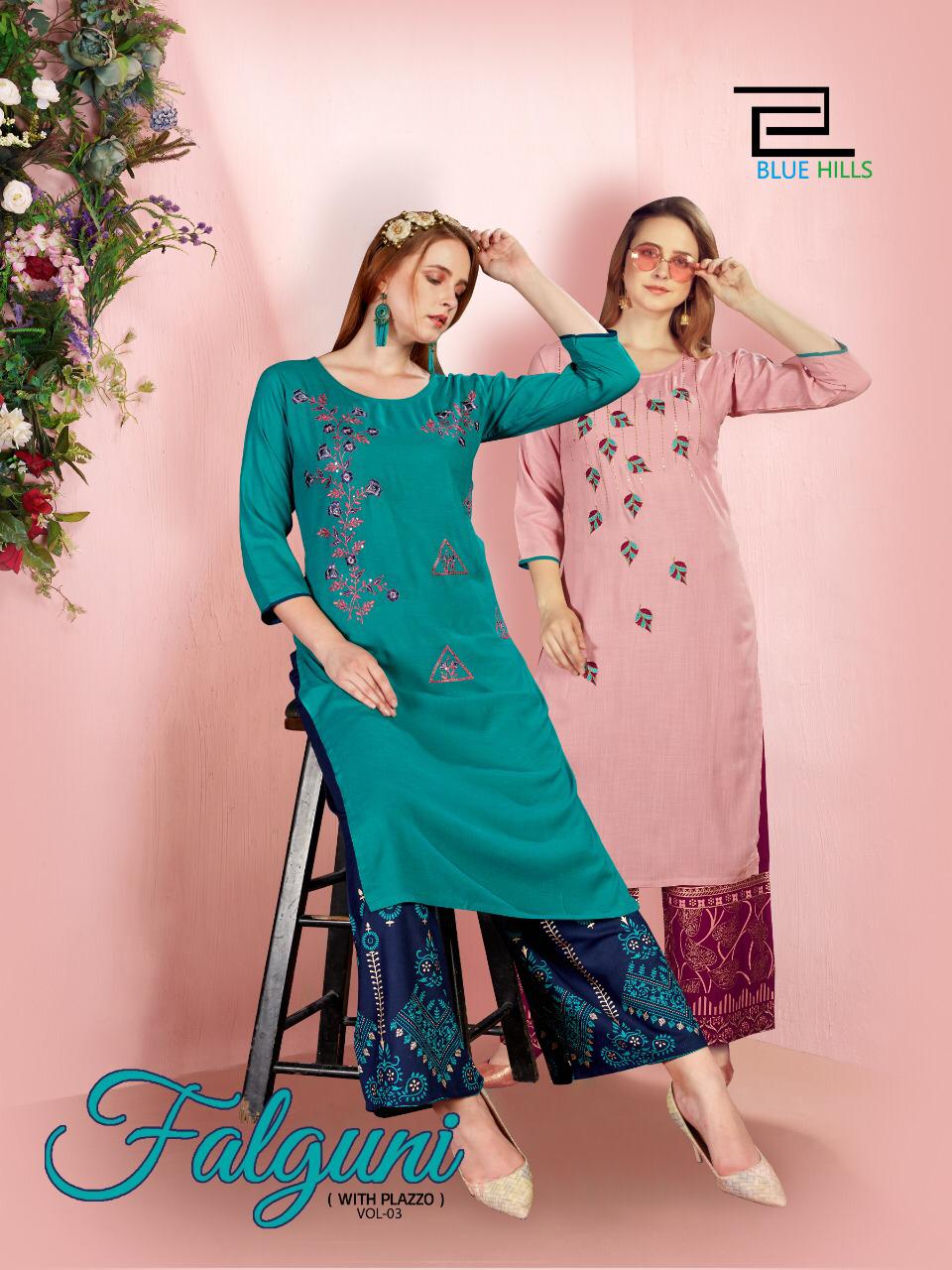 Falguni Vol 3 By Blue Hills Rayon Embroidery Long Kurtis With Palazzo