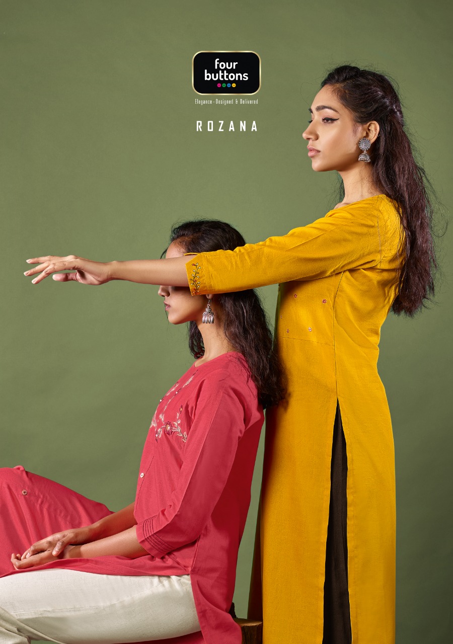 Four Buttons Rozana Cotton With Embroidery Kurti With Bottom New Collection 2020