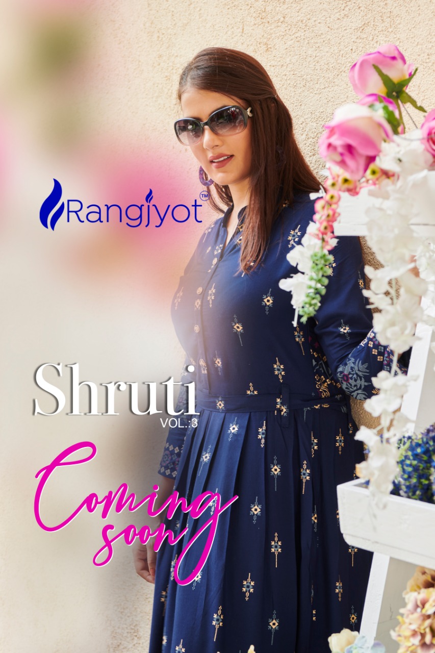 Rangjyot Shruti Vol 3 Long Gown Gold Print Gorgeous Designs And Collection Kurti