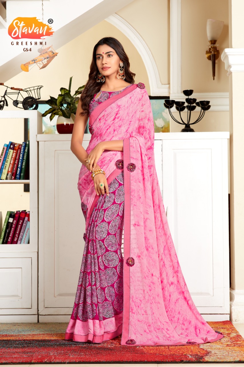 Stavan Launching Greeshmi Soft Fancy Hand Print Half Half Without Joint Colour Combination Saree