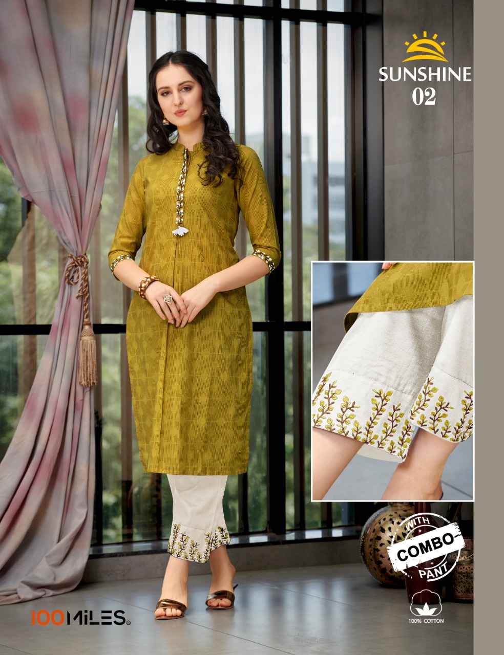 Sunshine By 100 Miles Cotton Pattern With Embroidery Kurti With Contrast Combo Pant