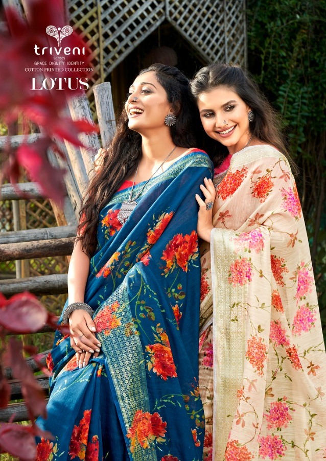 Triveni Launching Lotus Cotton Print Simple Sobar Printed Saree Wholesale Rate In Surat Market