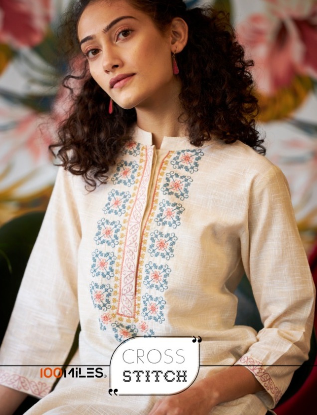 100 Miles Cross Stitch Cotton Embroidery Long Kurti Wholesaler