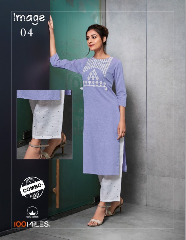 100 Miles Image Linen Cotton Embroidery Kurti And Pant Collection