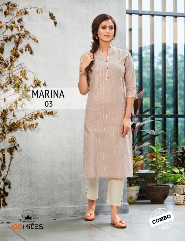 100 Miles Marina Pure Cotton Designer Kurtis With Combo Pants