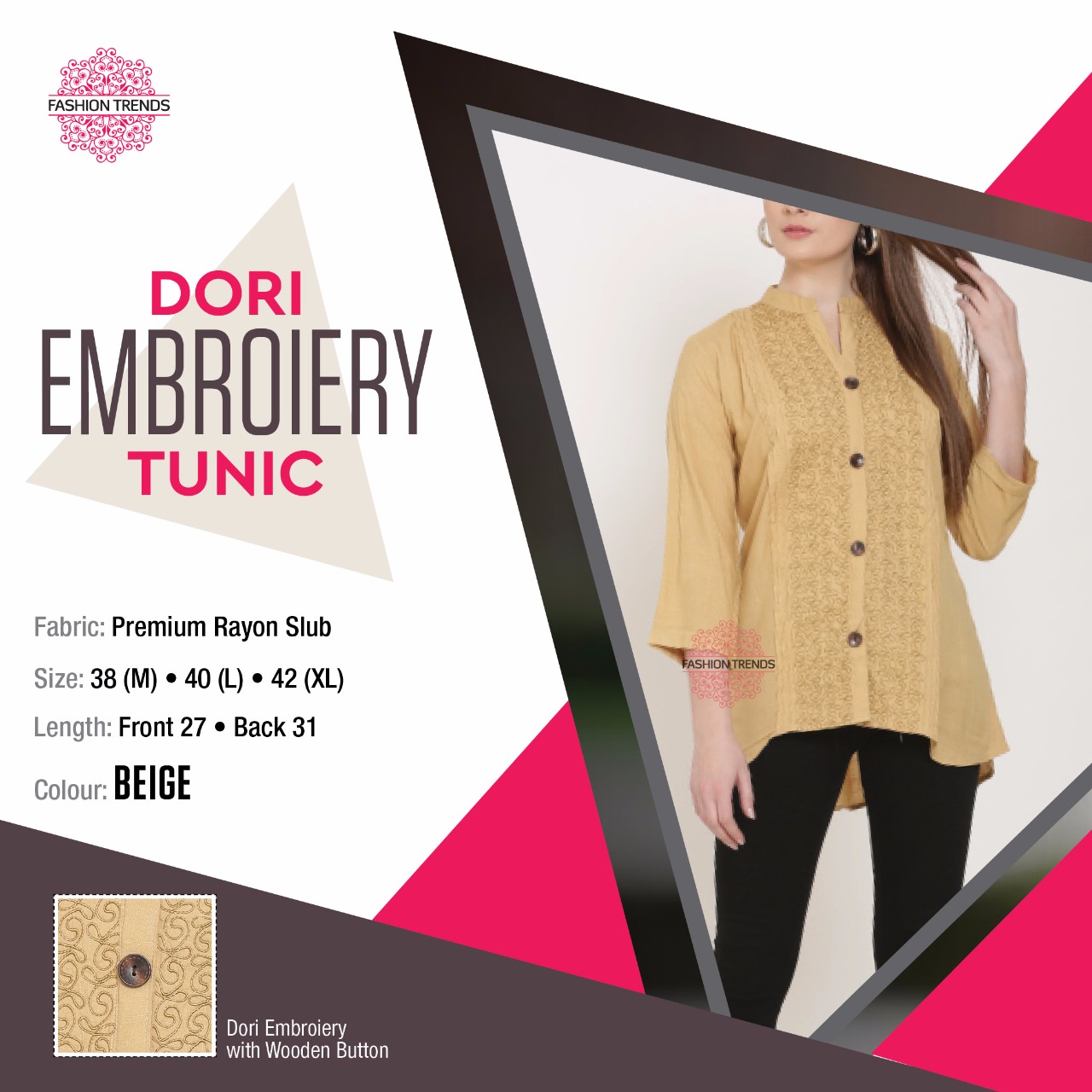 K4u Presents Dori Embroidery Tunic Rayon With Wood Button Short Tops