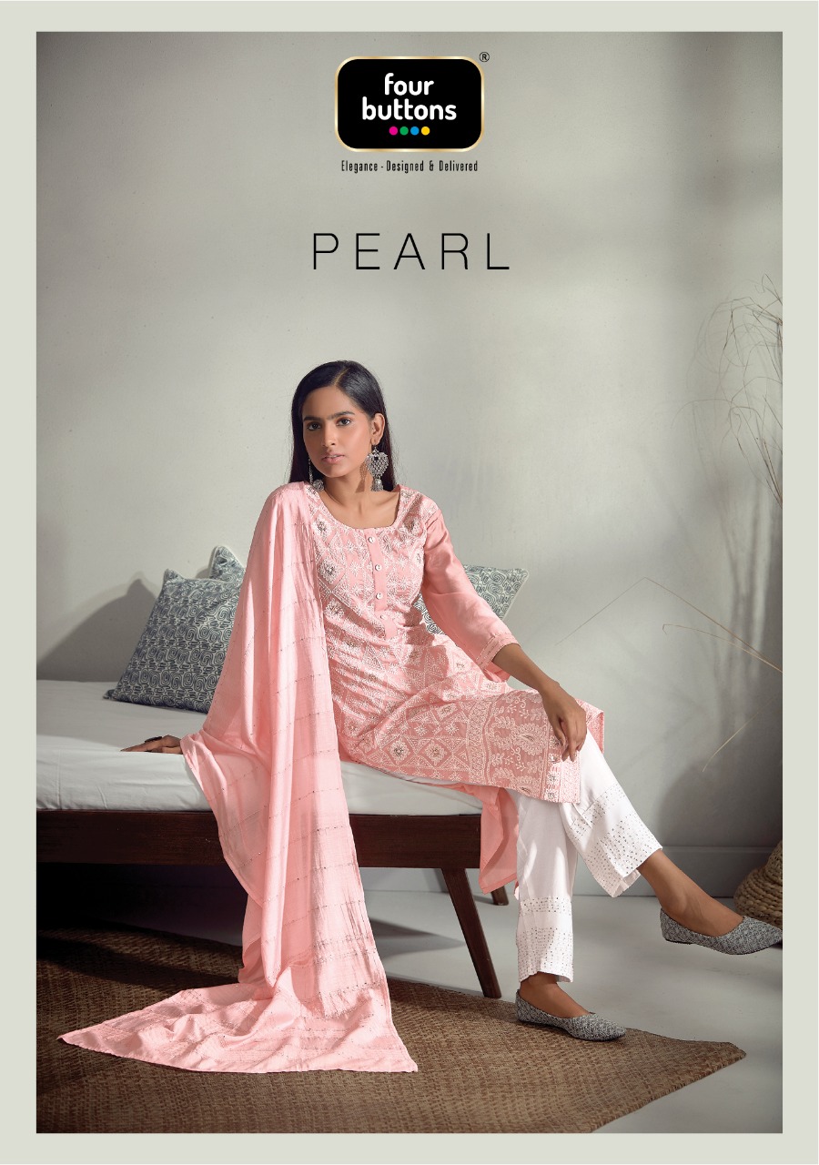 Pearl By Four Buttons Lakhnavi Work On Viscose Chanderi Readymade Salwar Kameez