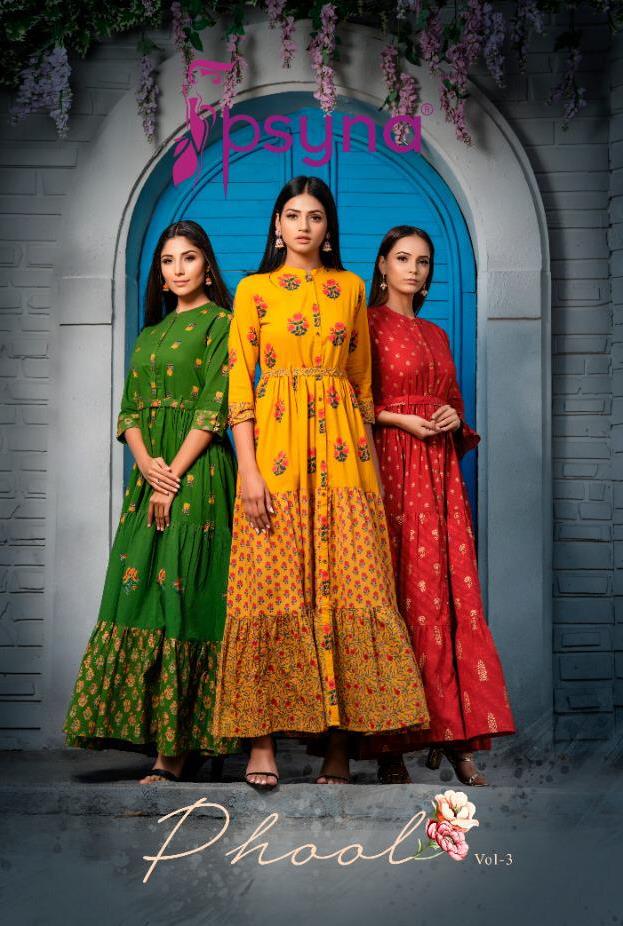 Psyna Launching Phool Vol 3 Cotton Cambric Classy Colour Combinations Long Kurti