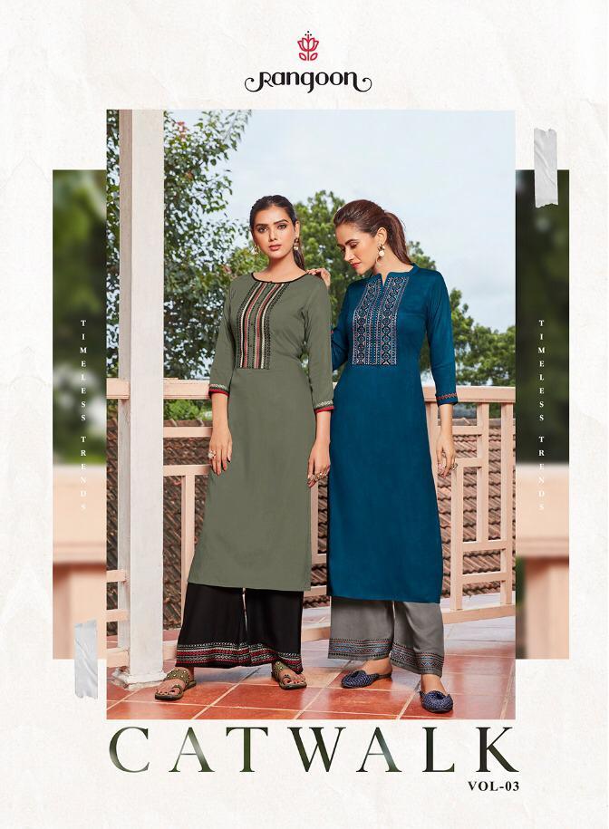 Rangoon Launching Catwalk Vol 3 Heavy Rayon Kurti With Embroidery Work Plazzo Sets