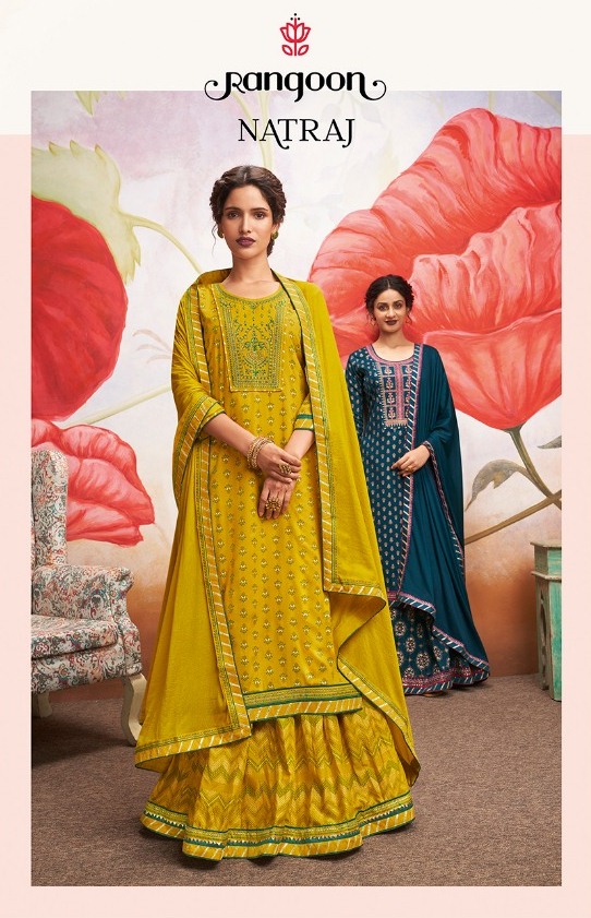 Rangoon Present Natraj Rayon Print Lehenga Style Party Wear Salwar Suit Collection